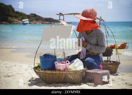 Thai Fastfood am Strand. Obst und Huhn am Strand Stockfoto