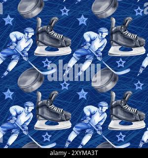 Eishockeyspieler mit Stöcken in Bewegung mit Puck, Sternen und schwarzen Schlittschuhen auf blauem Aquarellspot und Schlittschuhbahnen auf dem Eis, handgezeichnete Illustration, Stockfoto
