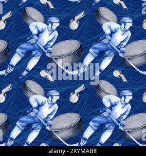 Hockeyspieler mit Stöcken in Bewegung mit einem Puck auf dem dunkelblauen Hintergrund eines blauen Aquarellflecks und Schlittschuhbahnen auf dem Eis, handgezeichnet illustr Stockfoto