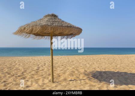 Ein Strohdach Strand Sonnenschirm am blauen Meer Stockfoto