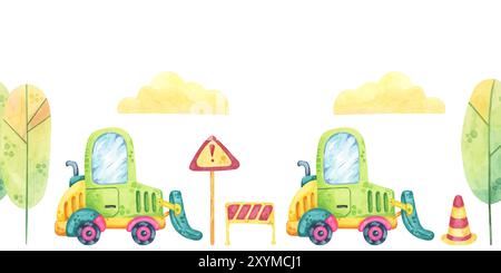 Bagger, Warnschilder, Bäume und Wolken in Aquarellfarben. Baustelle, Baustelle, nahtlose Border Clipart im Cartoon-Stil. Niedliche Gabelstaplerauto-Illustration für Kinderzimmer, Kleidung oder Stoff Stockfoto