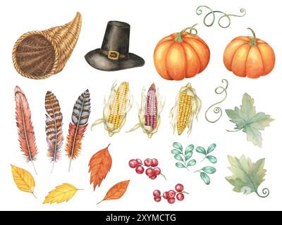 Thanksgiving Aquarell Clipart Set mit Pilgermütze, Kürbissen, Federn, getrocknetem Mais, Preiselbeeren und Herbstblättern. Ideal zum Basteln von Einladungen, saisonalen Grußkarten oder festlichen Flyern Stockfoto