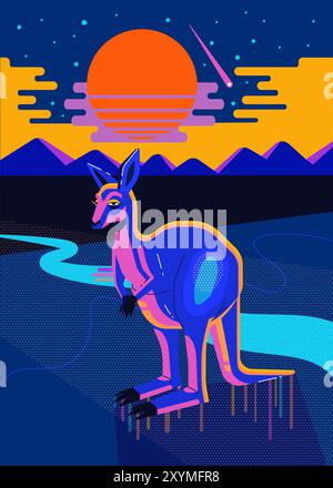 Lebendiges Neon-Känguru in surrealer Landschaft mit Retro-Sonnenuntergang und geometrischen Bergen Stock Vektor