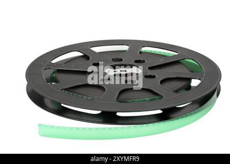 Schwarze Filmrolle vor weißem Hintergrund Stockfoto