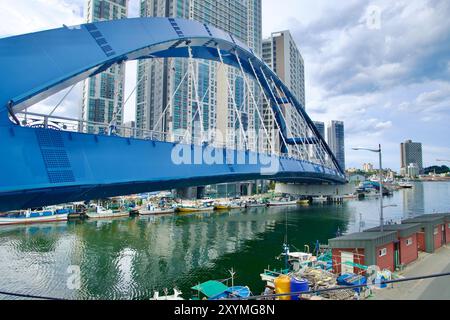Sokcho, Südkorea - 28. Juli 2024: Der markante blaue Bogen der Geumgang Grand Bridge erstreckt sich über den Hafen von Sokcho mit einem Wohnhaus Stockfoto
