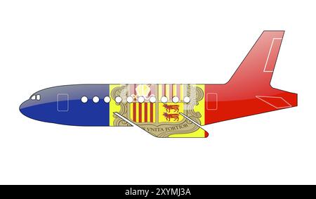 Die andorranische Flagge auf der Silhouette eines Flugzeugs. Hochglanz-Illustration Stockfoto