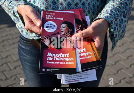 Erfurt, Deutschland. August 2024. Flyer mit dem Motto „Ein Neuanfang für Thüringen“ werden bei einer Wahlkampagne der Allianz Sahra Wagenknecht (BSW) auf dem Erfurter Domplatz verteilt. Am 1. September 2024 wird in Thüringen ein neuer landtag gewählt. Quelle: Martin Schutt/dpa/Alamy Live News Stockfoto