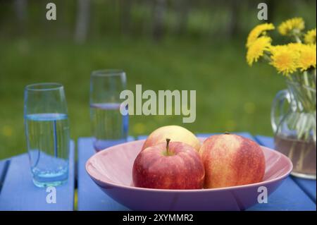 Äpfel in einer Obstschale auf einem blauen Gartentisch, im Hintergrund zwei Gläser Wasser und eine Blumenvase mit Butterblumen. Sommerlich-frisches Motiv. Eine Schüssel mit Stockfoto