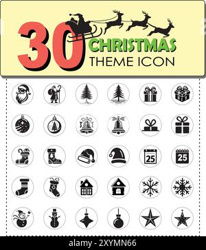 Christmas Icons Collection: Lineare, handgezeichnete Elemente festliche Grafiken für Websites, Kalender Dekorationen Santa, Snowman, Jingle Bell, Kalender Stock Vektor