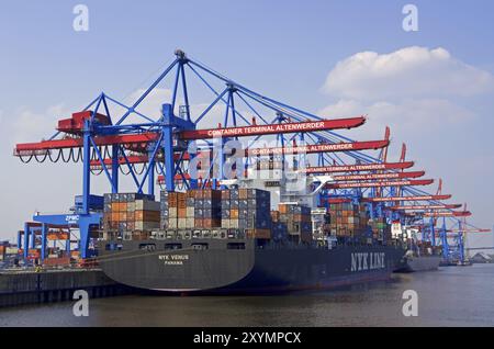 Containerschiff im Containerterminal hamburg altenwerder, Deutschland, Europa Stockfoto