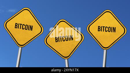 Bitcoin, gelbe Schilder mit blauem Himmel Stockfoto