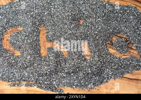 chia Salbei, Chia (Salvia hispanica), ein Haufen Chiasamen, in denen das Wort Chia geschrieben ist Stockfoto