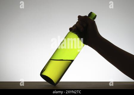 Silhouette einer Hand packte eine grüne Flasche Weine Stockfoto