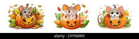 Set niedlicher Zeichentrickmäuse in Kürbissen auf weißem Hintergrund. Konzept von Halloween, Herbstsaison, bezauberndes Tier, festliche Illustration. Drucken, ico Stock Vektor