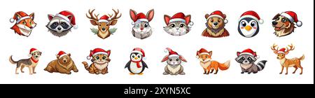Set von niedlichen Weihnachtstieren in festlichen Santa Hats isoliert auf weißem Hintergrund. Weihnachtskonzept, bezaubernde Wintertiere, minimalistischer Stil, Meer Stock Vektor