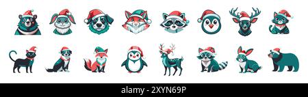Set von entzückenden Weihnachtstieren in festlichen Santa Hats isoliert auf weißem Hintergrund. Weihnachtskonzept, niedliche Wintertiere, minimalistischer Stil, saisonale Dekoration. Geeignet für Druck- und Designelemente Stock Vektor