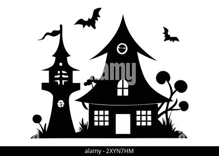 Schwarze Silhouette eines Spukhauses mit Fledermäusen auf weißem Hintergrund. Konzept von gruseliger Dekoration, gespenstischem Schloss, minimalistischem Stil, gruseliger Villa, Halloween-Design. Drucken, Designelement Stock Vektor