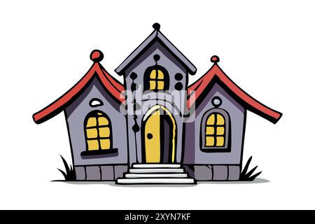 Spukhaus im Cartoon-Stil mit gruseligen Fenstern. Halloween-Konzept, gruselige Architektur, Geisterhaus, verwunschene Villa, Weihnachtsdekoration. Drucken, Designelement Stock Vektor