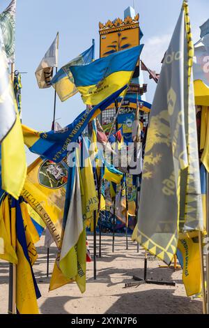 DONEZK Reg, UKRAINE - 29. August 2024: Flaggen der Brigaden, die das Donezk-Gebiet in der Nähe der Stele am Eingang zum Donezk-Gebiet verteidigen Stockfoto