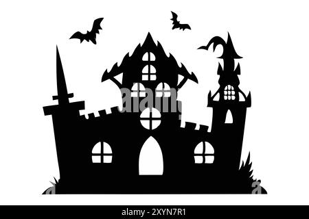 Schwarze Silhouette eines Spukhauses mit Fledermäusen auf weißem Hintergrund. Konzept von gruseliger Dekoration, gespenstischem Schloss, minimalistischem Stil, gruseliger Villa, Halloween-Design. Drucken, Designelement Stock Vektor