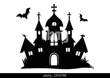 Schwarze Silhouette eines Spukhauses mit Fledermäusen auf weißem Hintergrund. Konzept von gruseliger Dekoration, gespenstischem Schloss, minimalistischem Stil, gruseliger Villa, Halloween-Design. Drucken, Designelement Stock Vektor