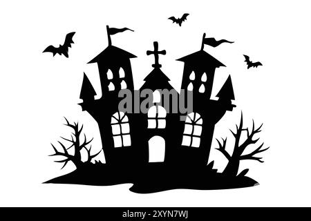 Schwarze Silhouette eines Spukhauses mit Fledermäusen auf weißem Hintergrund. Konzept von gruseliger Dekoration, gespenstischem Schloss, minimalistischem Stil, gruseliger Villa, Halloween-Design. Drucken, Designelement Stock Vektor