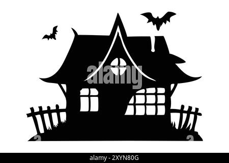Schwarze Silhouette eines Spukhauses mit Fledermäusen auf weißem Hintergrund. Konzept von gruseliger Dekoration, gespenstischem Schloss, minimalistischem Stil, gruseliger Villa, Halloween-Design. Drucken, Designelement Stock Vektor