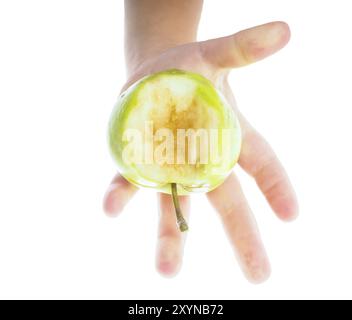 Kleine Kinder Hand hält einen unreifen grüne Apfel in Richtung weiß Stockfoto