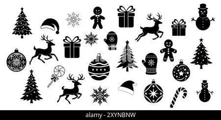 Großes Set aus Wintersilhouette schwarz, umrissen. Weihnachtsbaum, Rentier, Ornamente, Lebkuchen, Schneeflocke auf weißem Hintergrund. Isoliert Stock Vektor