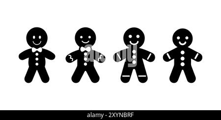 Set mit Wintersilhouetten in Schwarz, Umrisse. Lebkuchen Lebkuchenmann. Isoliert Stock Vektor
