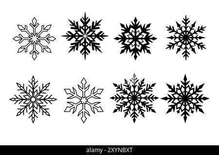 Set mit Wintersilhouetten in Schwarz, Umrisse. Verschiedene Arten von Schneeflocken. Isoliert Stock Vektor