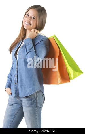 Frau, Einkaufstaschen, isoliert in weiß Stockfoto