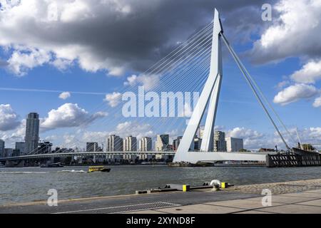 Skyline auf der Nieuwe Maas, Erasmus-Brücke, Wolkenkratzer, Wassertaxi, Rotterdam, Niederlande Stockfoto