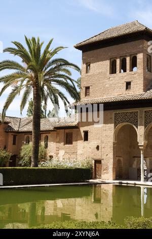 Damenturm (Torre de las Damas) und Gärten des Partals an der Alhambra in Granada. Dieses Gebäude wurde auch genannt Stockfoto