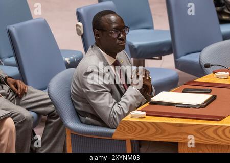 New York, USA, 30. August 2024: Botschafter Konfourou von Mali nimmt am UN-Hauptquartier in New York an der Sitzung des Sicherheitsrats für Bedrohungen des internationalen Friedens und der internationalen Sicherheit (Ukraine) Teil. Quelle: Lev Radin/Alamy Live News Stockfoto