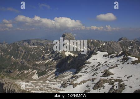 Berge der Alpsteinkette vom Berg Santis aus gesehen, Schweiz, Europa Stockfoto