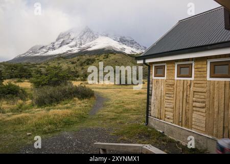 Refugio Las Torres, Parque nacional Torres del Paine, Sistema Nacional de Areas Silvestres Protegidas del Estado de Chile. Patagonien, Republica de Chil Stockfoto