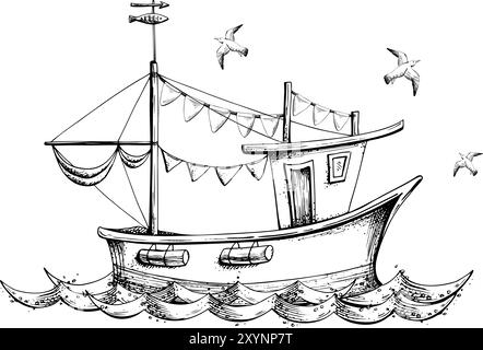 Fischerboot Segelboot mit Flaggengirlande schwimmend auf Meereswellen mit fliegenden Möwen. Grafische Strichgrafik, handgezeichnet in Schwarzweiß-Monochrom Stock Vektor