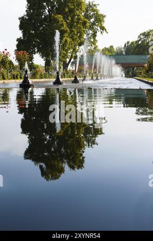 Eine Reihe von Wasserfontänen spiegelt sich in einem ruhigen zentralen Wasserbecken in Shalimar Bagh, Mogul Gardens in Srinagar, Kaschmir, Indien, Asien Stockfoto