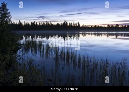 Abendstimmung an einem Waldsee, Norrbotten, Lappland, Schweden, August 2013, Europa Stockfoto