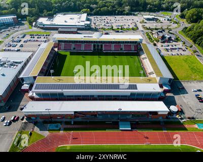 Eine Luftaufnahme von Leigh Sports Village, Heimstadion der Leigh Leopards, vor dem Spiel der Betfred Super League Runde 24 Leigh Leopards vs Warrington Wolves im Leigh Sports Village, Leigh, Großbritannien, 30. August 2024 (Foto: Craig Thomas/News Images) in, am 30.2024. (Foto: Craig Thomas/News Images/SIPA USA) Credit: SIPA USA/Alamy Live News Stockfoto