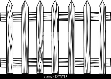 Hölzerner Pflückzaun rustikale Holzvektor-Illustration auf isoliertem Hintergrund. Umrisszeichnung der Landhauseinrichtung im Freien. Schwarze Ätzung alter Begrenzungen aus Holzdielen. Stock Vektor