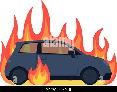 Brennendes Auto isoliert auf weißem Hintergrund, Kfz-Versicherung und Notfalldienstkonzept Stock Vektor