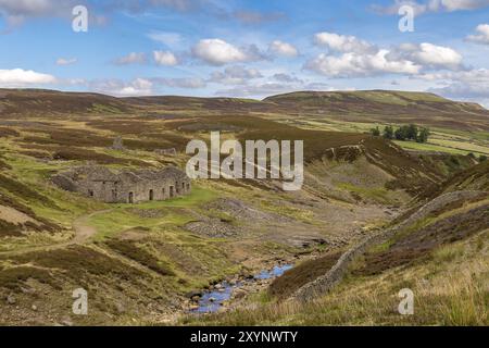 Yorkshire Dales Landschaft mit den Ruinen der Kapitulation roch Mühle, zwischen Feetham und Langthwaite, North Yorkshire, Großbritannien Stockfoto