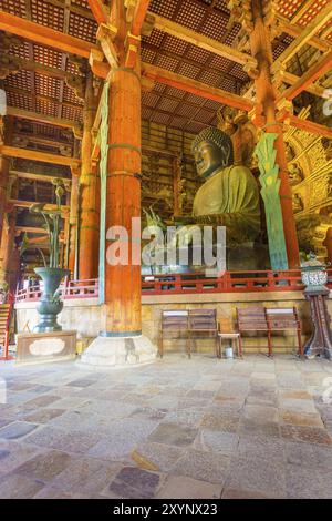 Seite Profil der Daibutsu bronze Buddha und die Decke von innerhalb des Großen Buddha Halle, Daibutsuden im Todai-ji-Tempel in Nara, Japan. Vertikale Innenraum Stockfoto