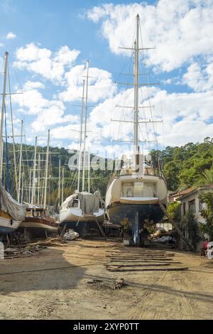 Segelbootyacht auf Holzstützen wird auf einer Werft in Fethiye, Türkei, Asien renoviert Stockfoto