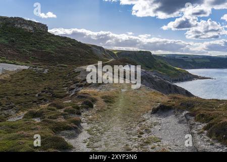 North Sea Coast in North Yorkshire, England, Großbritannien, vom ehemaligen Alaun-Steinbruch in Kettleness Point aus in Richtung Runswick Bay Stockfoto