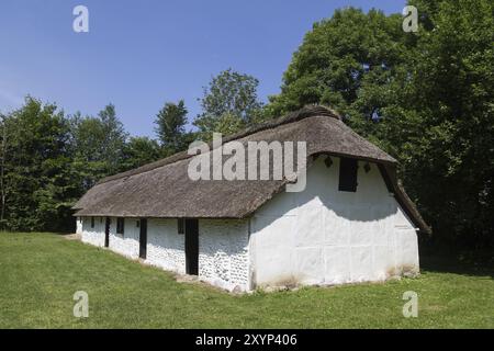 Lyngby, Dänemark, 23. Juni 2016: Ein altes dänisches Fachwerkhaus mit Strohdach im Frilands Museum, Europa Stockfoto