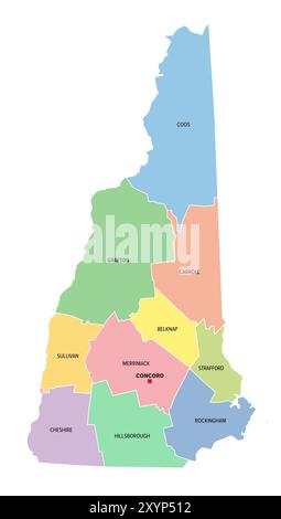 New Hampshire, US-Bundesstaat, unterteilt in 10 Countys, mehrfarbige politische Karte mit Hauptstadt Concord, Grenzen und County-Namen. Stockfoto