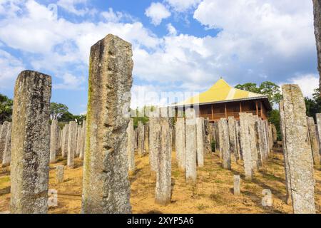 Steinsäulen sind alles, was von den Ruinen des Palastes Brazen oder Lovamahapaya an einem wolkig blauen Himmel im alten Anuradhapura Kapitol in Sri L übrig geblieben ist Stockfoto